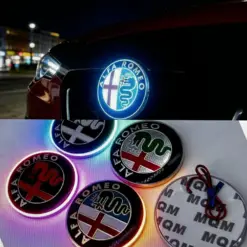1x Alfa Romeo LED Plakette 75mm Emblem für Kühlergrill Schriftzug LOGO BLAU beleuchtet Heck Deckel Klappe für viele Modelle