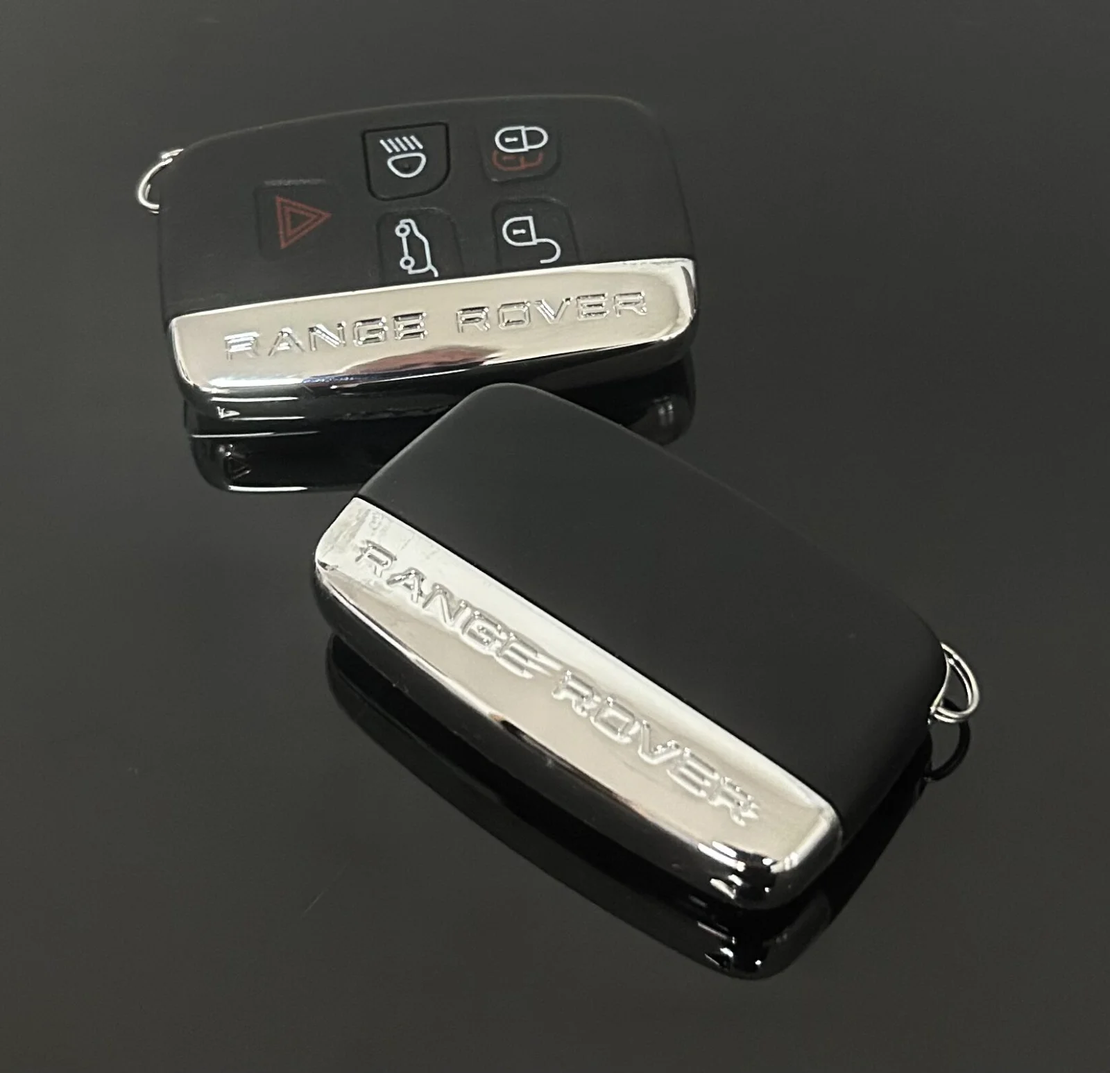 1x NEU Range Rover Schlüsselgehäuse 4 Tasten Metall Kunststoff schwarz mit Logo Emblem – Bild 2
